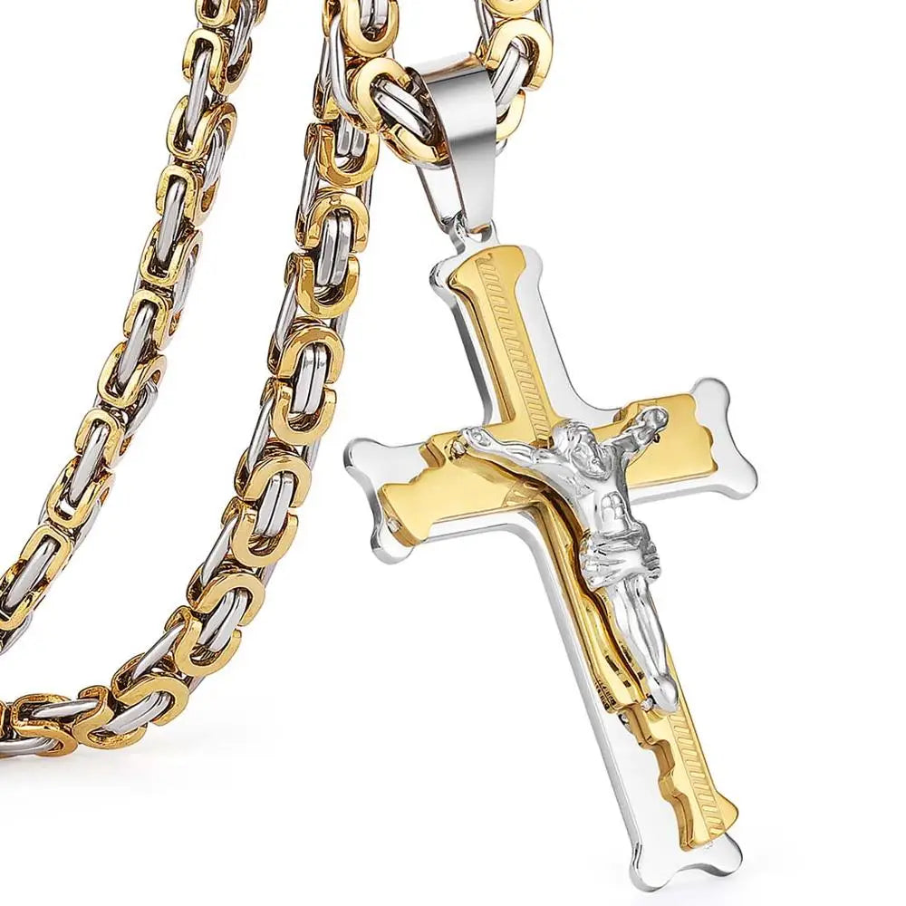 Stainless Steel Christs Jesus Cross Pendant Necklace Link Byzantine Chain  Silver Color Necklaces for Men 21.65" 6mm MN50