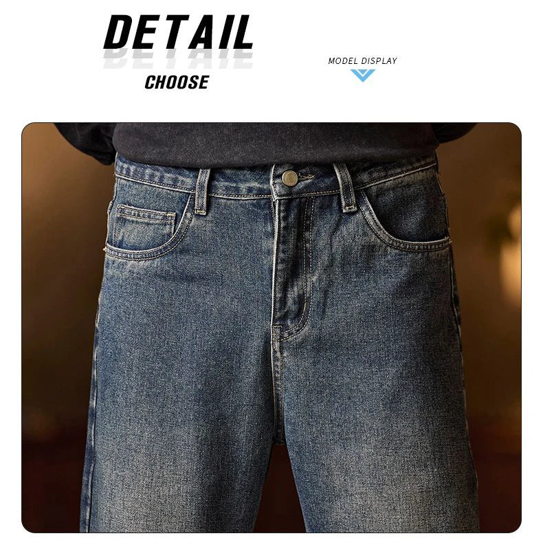 American Men's Y2K Retro Blue Denim Jeans Autumn Spring Relaxed Fit Korean Streetwear Casual Wide-leg Pants with Spliced Pockets
