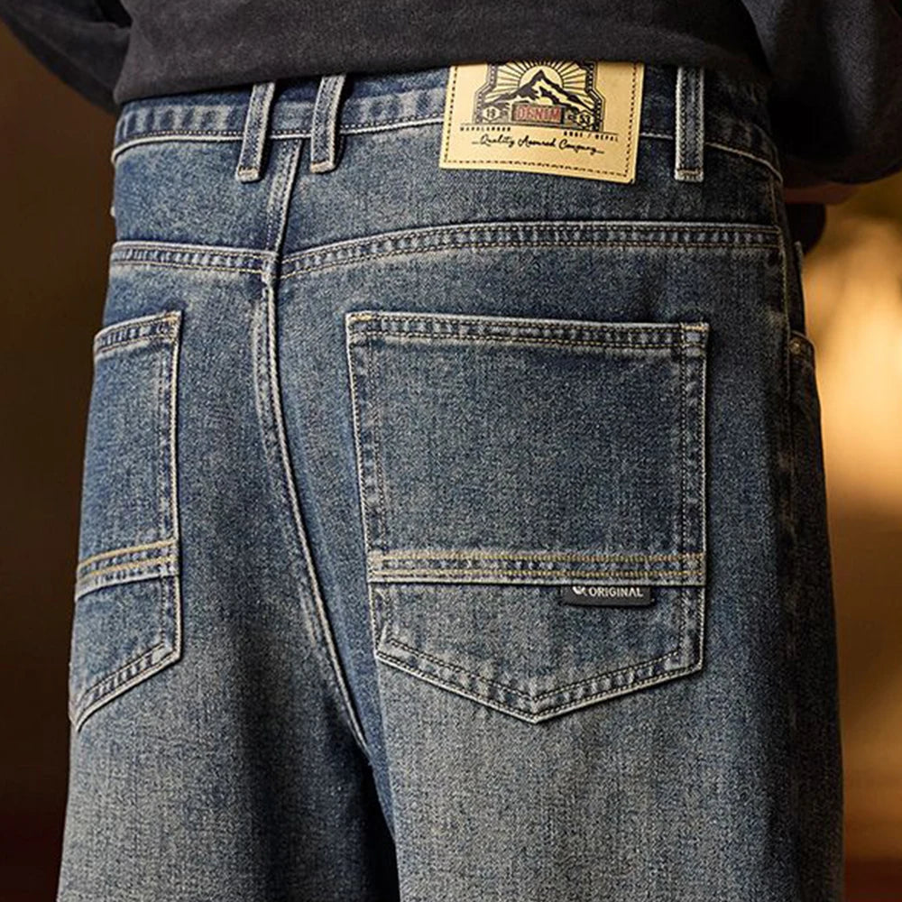 American Men's Y2K Retro Blue Denim Jeans Autumn Spring Relaxed Fit Korean Streetwear Casual Wide-leg Pants with Spliced Pockets