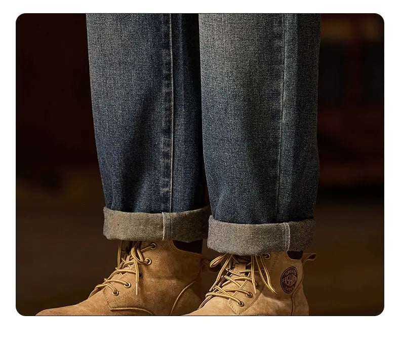 American Men's Y2K Retro Blue Denim Jeans Autumn Spring Relaxed Fit Korean Streetwear Casual Wide-leg Pants with Spliced Pockets