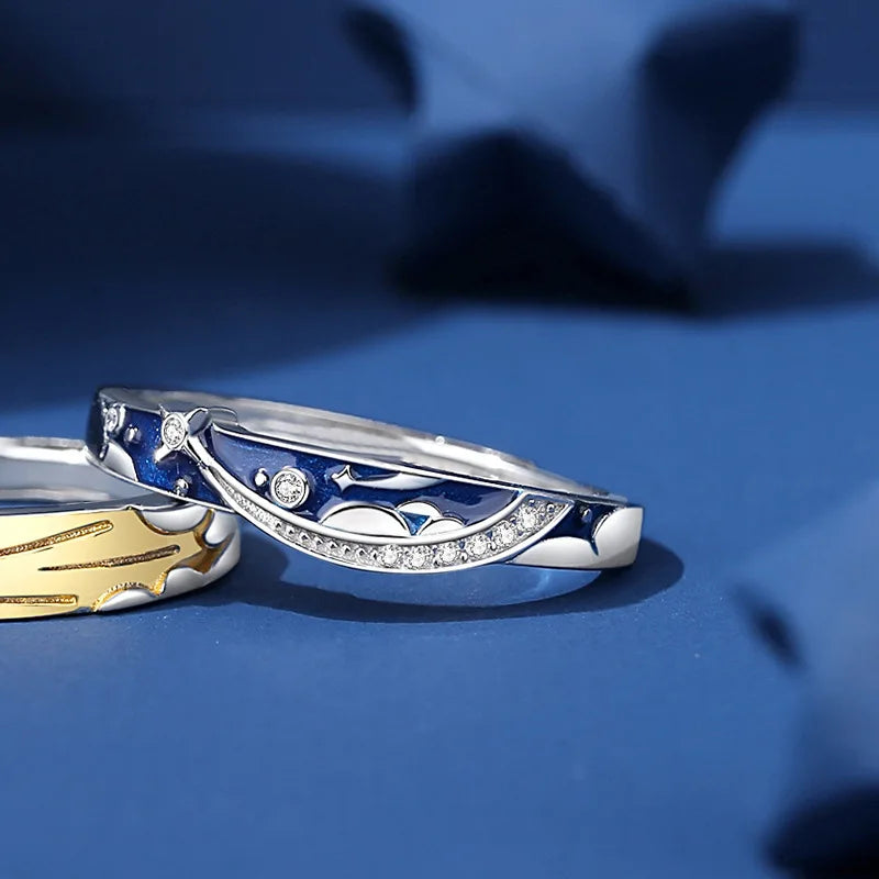 European S925 Sterling Silver AAA CZ Sun And Stars Couple Open Ring For Women Men Birthday Wedding Valentine's Day Jewelry