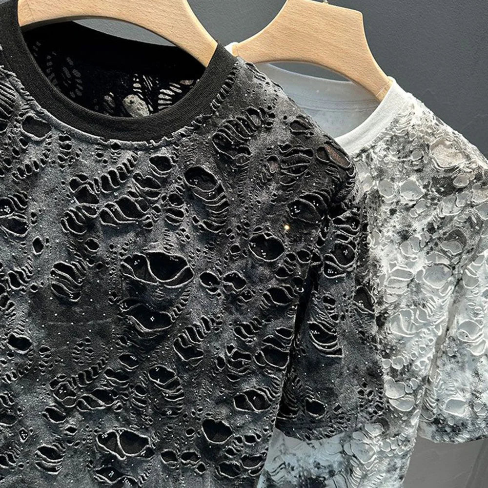 Mens T-Shirts Casual Tie-Dye Ripped T-Shirts Summer Niche Lightweight Unique Versatile Fashion Short Sleeve Tops Men'S Wear 2024