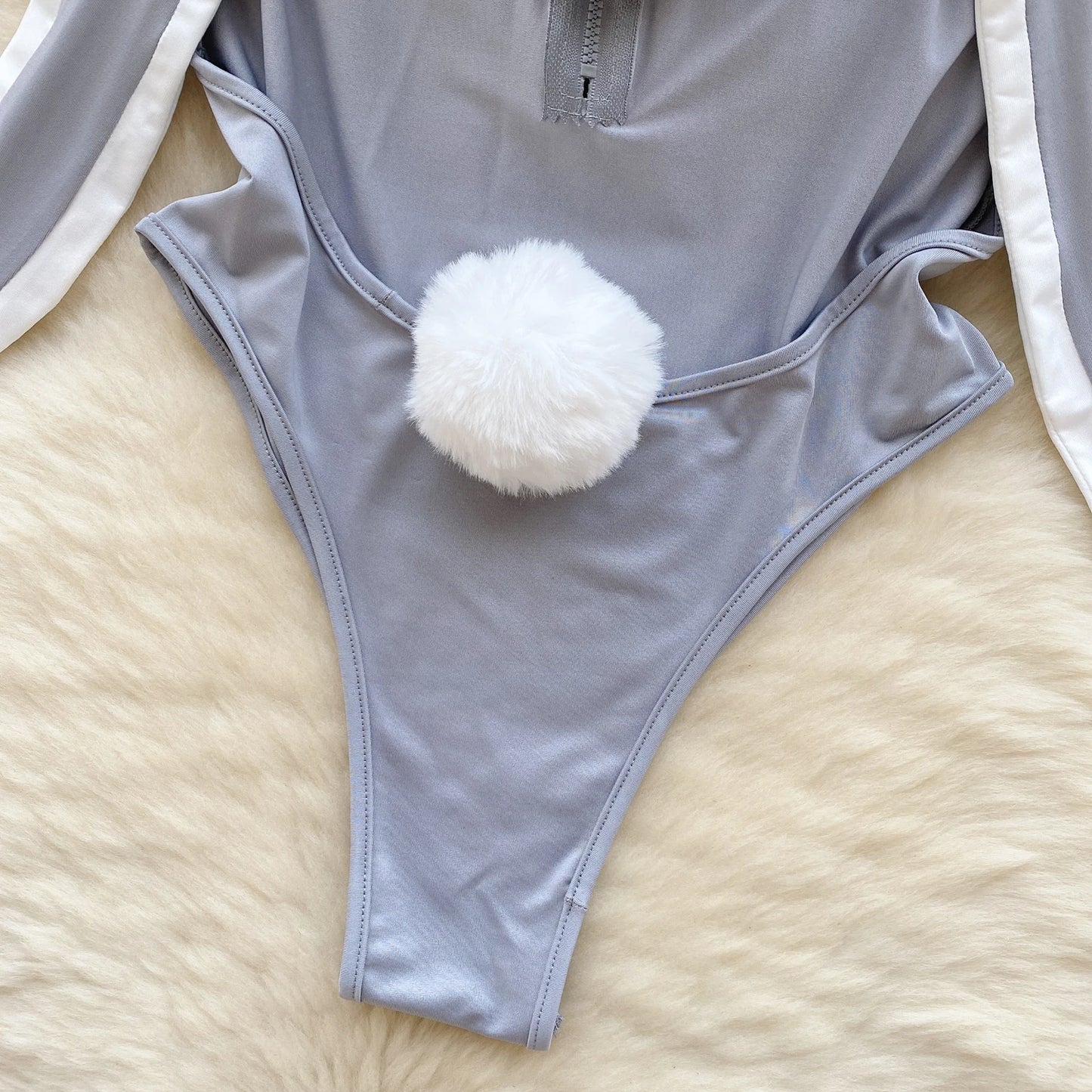 Cute Gray Rabbit Ear Hood Top Sexy Backless Slim Fit Bodysuit Zip Sleeveless Women Sexy Erotic Lingerie Bunny Cosplay Playsuit