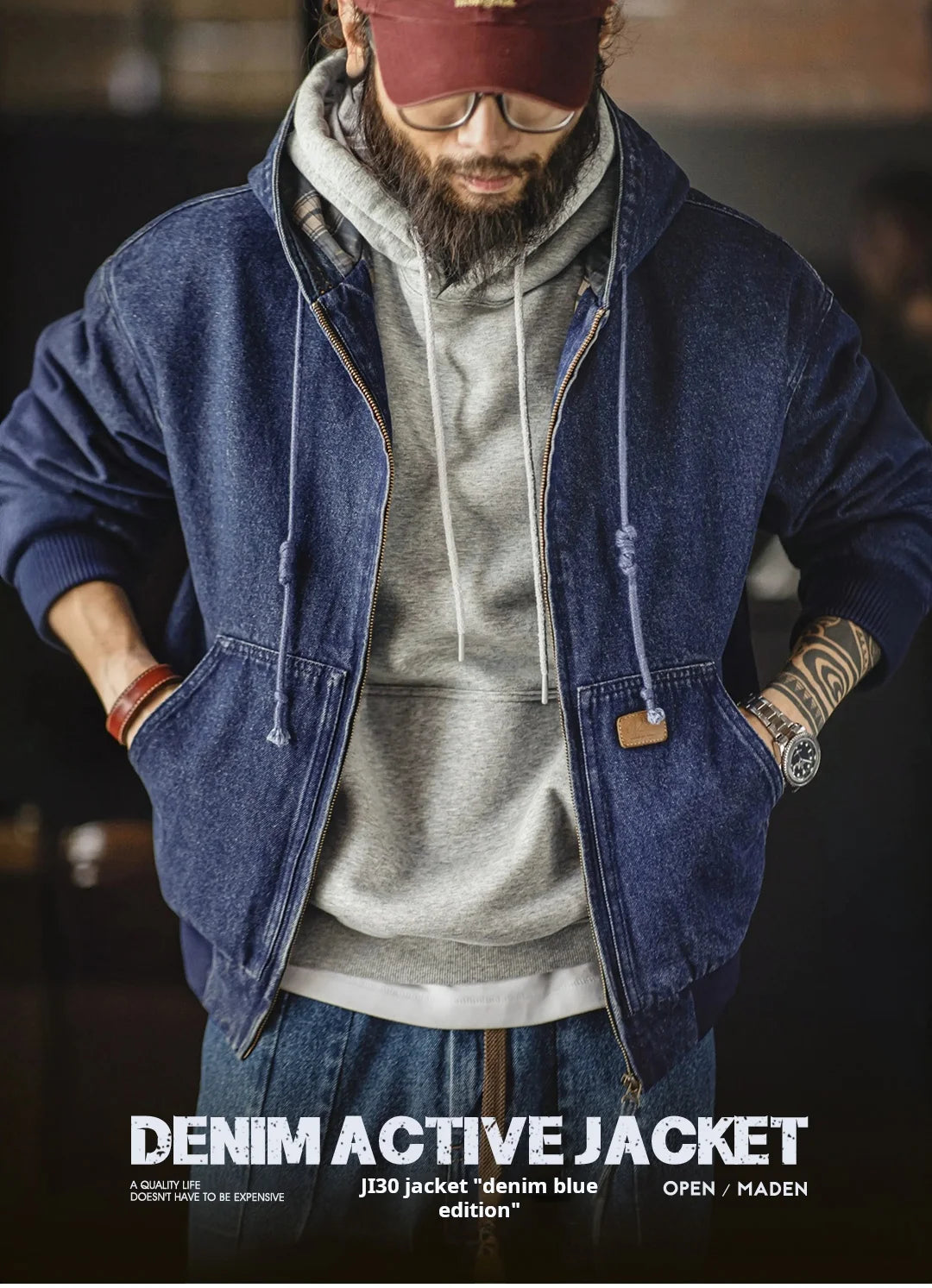 Maden Men's Retro J130 10.5oz Denim Jacket Heavyweight Washed Hooded Jacket Regular Fit Zip Workwear Coat with Pockets for Fall