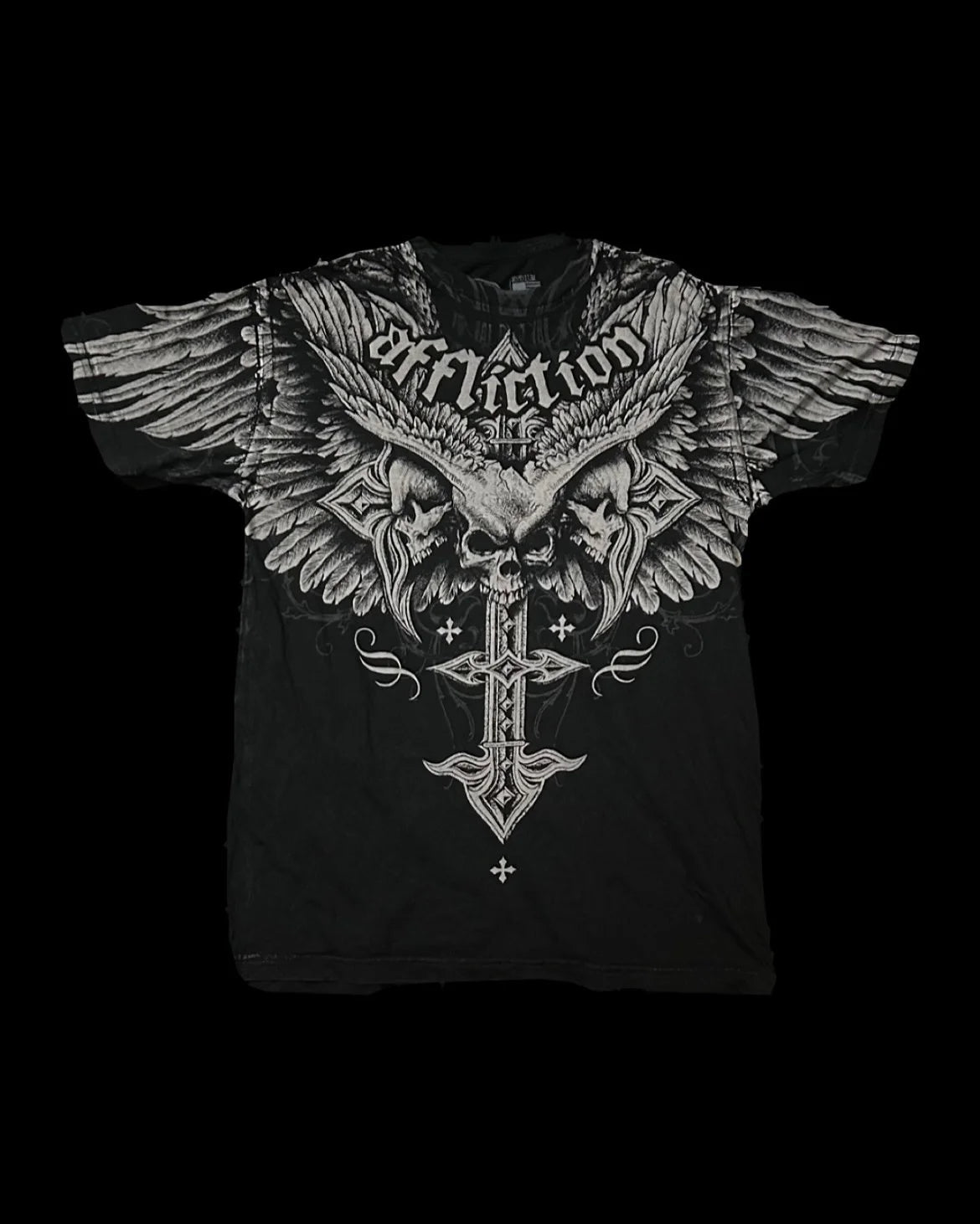 Affliction Men's Skull Graphic T-shirt Vintage American Style Distressed Print Rock Tee High Street Hip-Hop Cotton Couple Tops