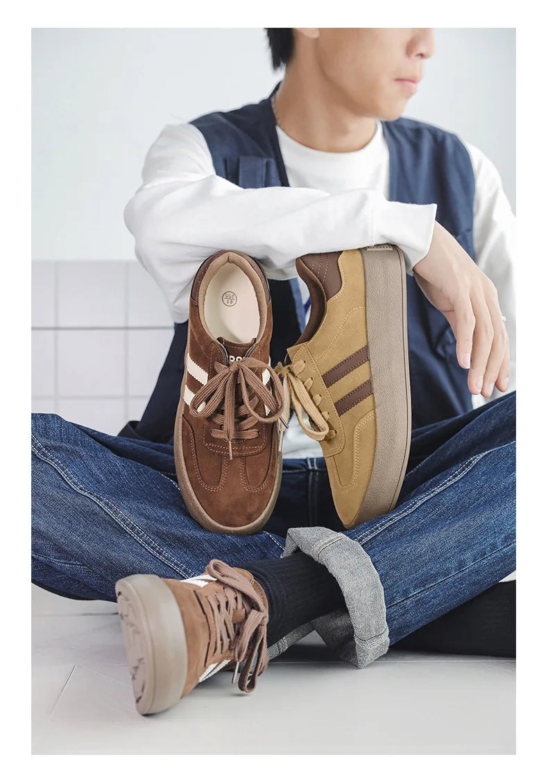 Vintage Brown Man Sneakers Suede Leather Men's Skateboard Shoes Comfort Lace-up Men Skate Sneakers Thick Sole Casual Board Shoes