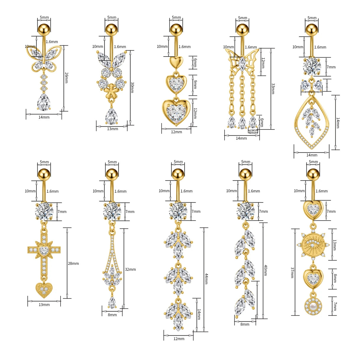 14G Gold Color Pendant Navel Piercing Ornament Butterfly Heart Chains Dangled Belly Button Rings for Women Belly Nombril Jewelry