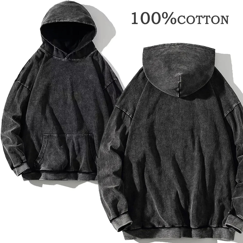 custom Wash Hoodies Men Women Vintage Black 100% Cotton Gothic Sweatshirts Casual Pullover Hip Hop Y2K Sportswear