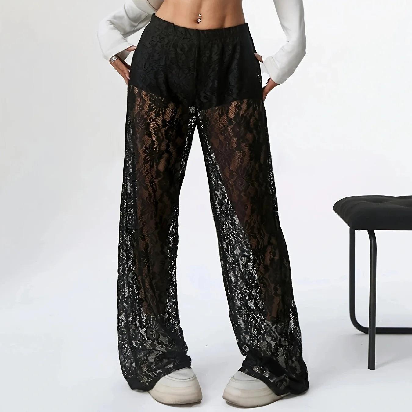 2025 New Fashionable and Sexy Versatile Waist Collection Lace Jacquard Micro Transparent Straight Leg Casual Pants Long Pants