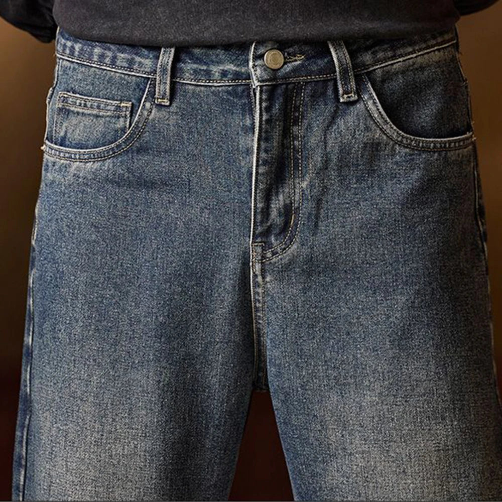 American Men's Y2K Retro Blue Denim Jeans Autumn Spring Relaxed Fit Korean Streetwear Casual Wide-leg Pants with Spliced Pockets