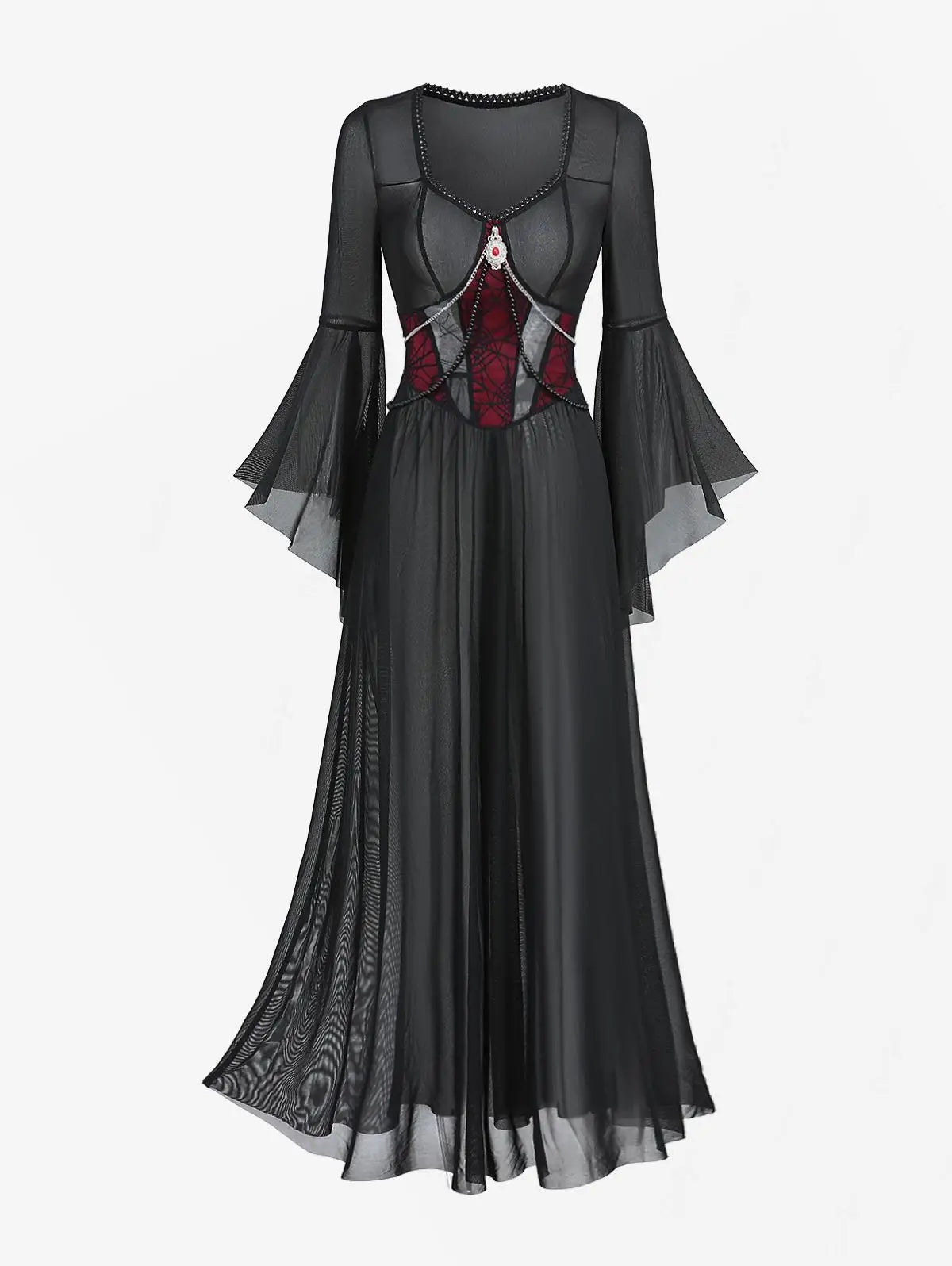 ROSEGAL Gothic Dresses For Girls, Black Flare Sleeves Spider Web Beading Chain Sexy Lace Sheer Mesh See Through Dress Vestidos