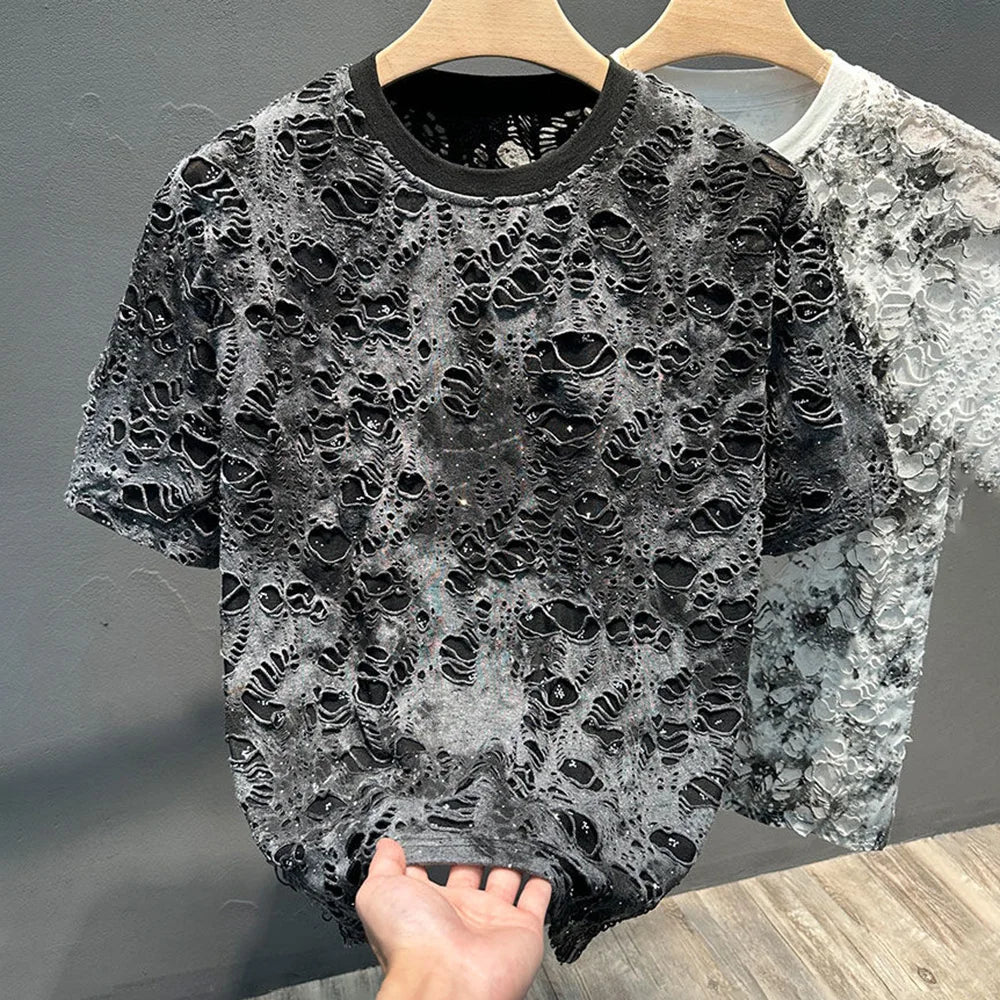 Mens T-Shirts Casual Tie-Dye Ripped T-Shirts Summer Niche Lightweight Unique Versatile Fashion Short Sleeve Tops Men'S Wear 2024