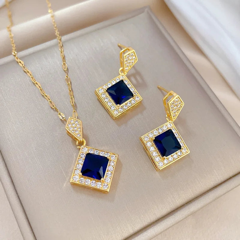 Stainless Steel Austrian Crystal Enamel Square Pendant Jewelry Sets Women African Costume Jewelry Maxi Necklace Earring Set