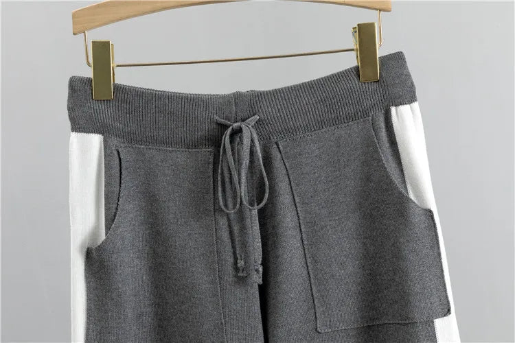 2025 Autumn Runway 2 Pieces Set Knitted Long Sleeve Pullovers Sweater Casual Patchwork Fashion Women Tops and Pants Suits Spring