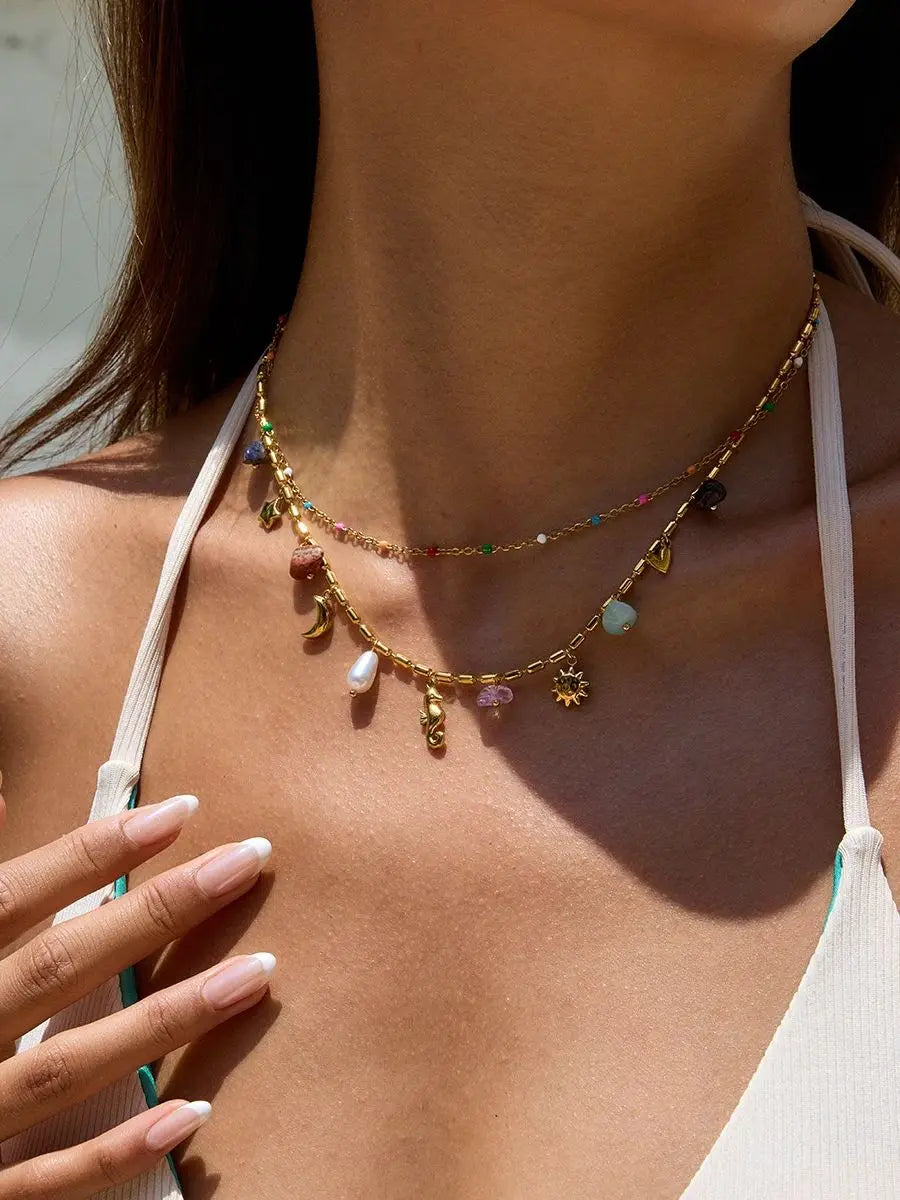 Uworld Fashion Vacation Style 18K Gold Color Plated Stainless Steel Natural Color Stone Pendant Necklace Stackable Double layer