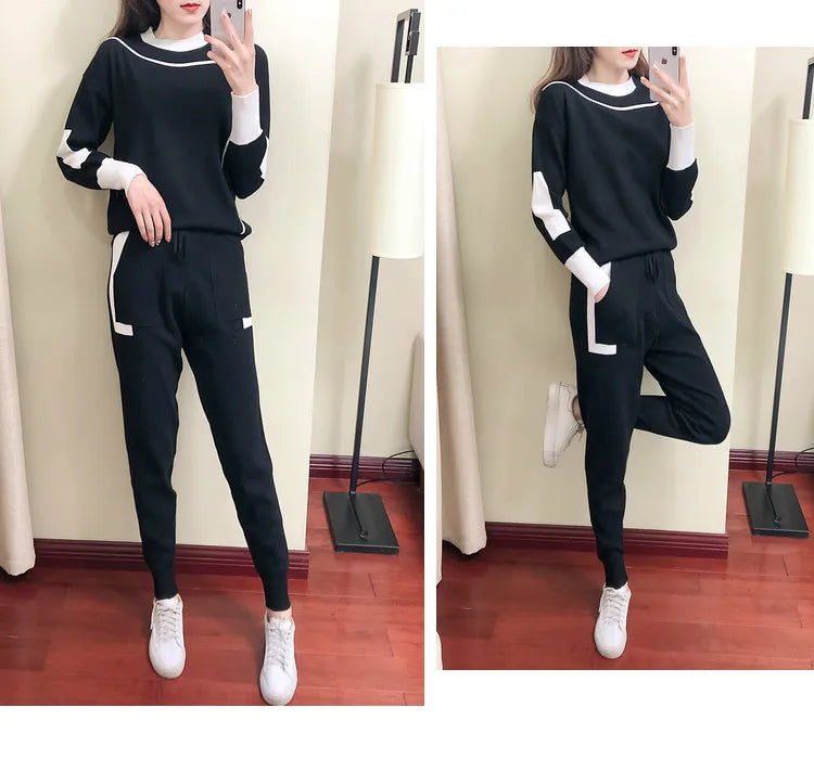 2025 Autumn Runway 2 Pieces Set Knitted Long Sleeve Pullovers Sweater Casual Patchwork Fashion Women Tops and Pants Suits Spring