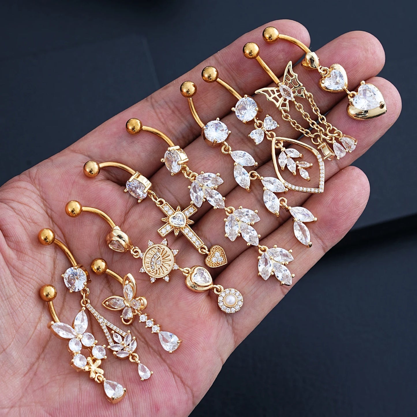 14G Gold Color Pendant Navel Piercing Ornament Butterfly Heart Chains Dangled Belly Button Rings for Women Belly Nombril Jewelry