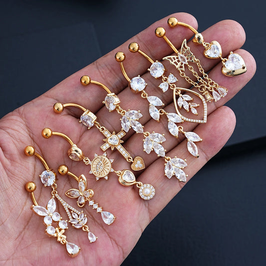 14G Gold Color Pendant Navel Piercing Ornament Butterfly Heart Chains Dangled Belly Button Rings for Women Belly Nombril Jewelry