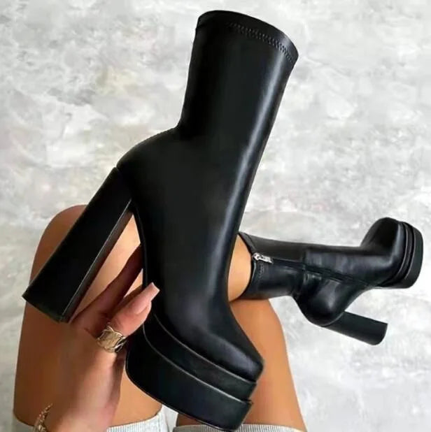 Luxury autumn/winter new double waterproof platform leather thick heel ankle boots women's large size high-heeled women's boots