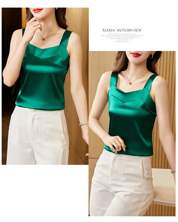 Woman T-shirts Elegant SILK Satin Blouse Sleeveless Female Summer 2025 Casual Loose Tanks and Camis Solid Green Tops for Women