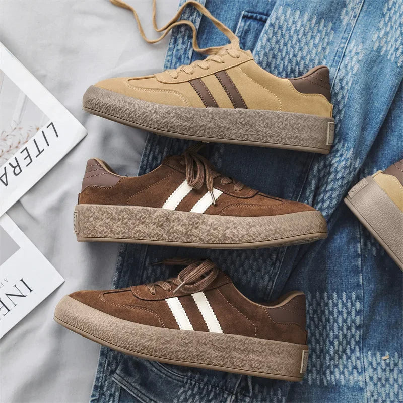 Vintage Brown Man Sneakers Suede Leather Men's Skateboard Shoes Comfort Lace-up Men Skate Sneakers Thick Sole Casual Board Shoes