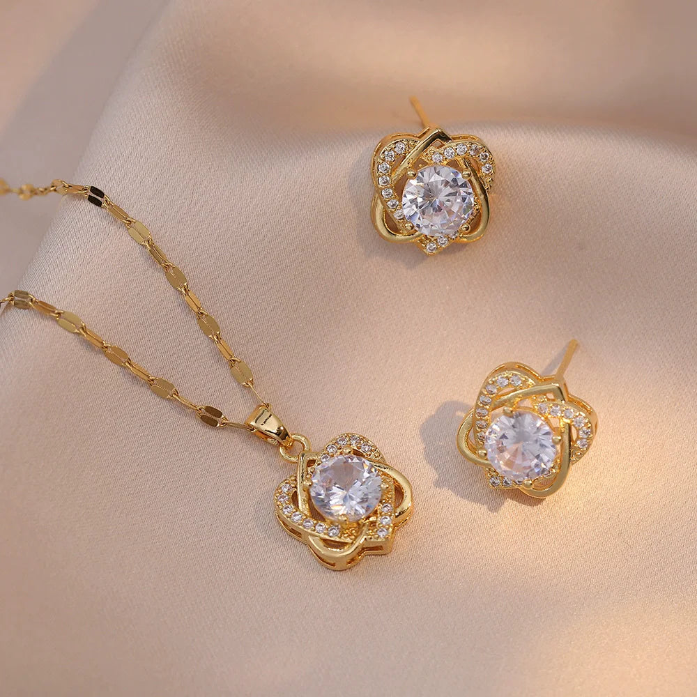 Stainless Steel Austrian Crystal Enamel Square Pendant Jewelry Sets Women African Costume Jewelry Maxi Necklace Earring Set