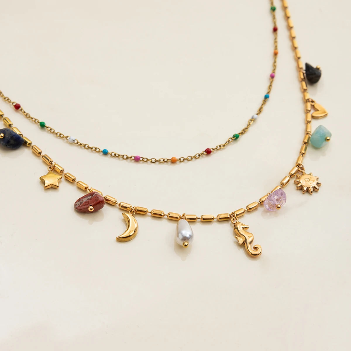 Uworld Fashion Vacation Style 18K Gold Color Plated Stainless Steel Natural Color Stone Pendant Necklace Stackable Double layer