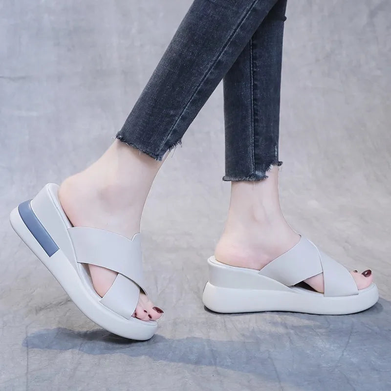 2023 Women's Platform Wedge Sandals New Summer High-heeled Fish Mouth Women's Shoes Soft Leather Heightened Platform Shoes