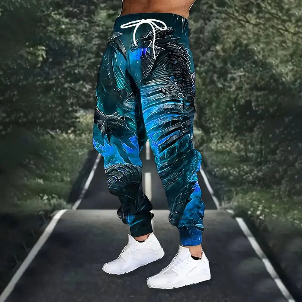 Men Loose Casual Pocket Draw Rope Sports Sweatpants Fashion Dragon And Hand Printed Sweatpants Winter New Thick Warm Sweatpants