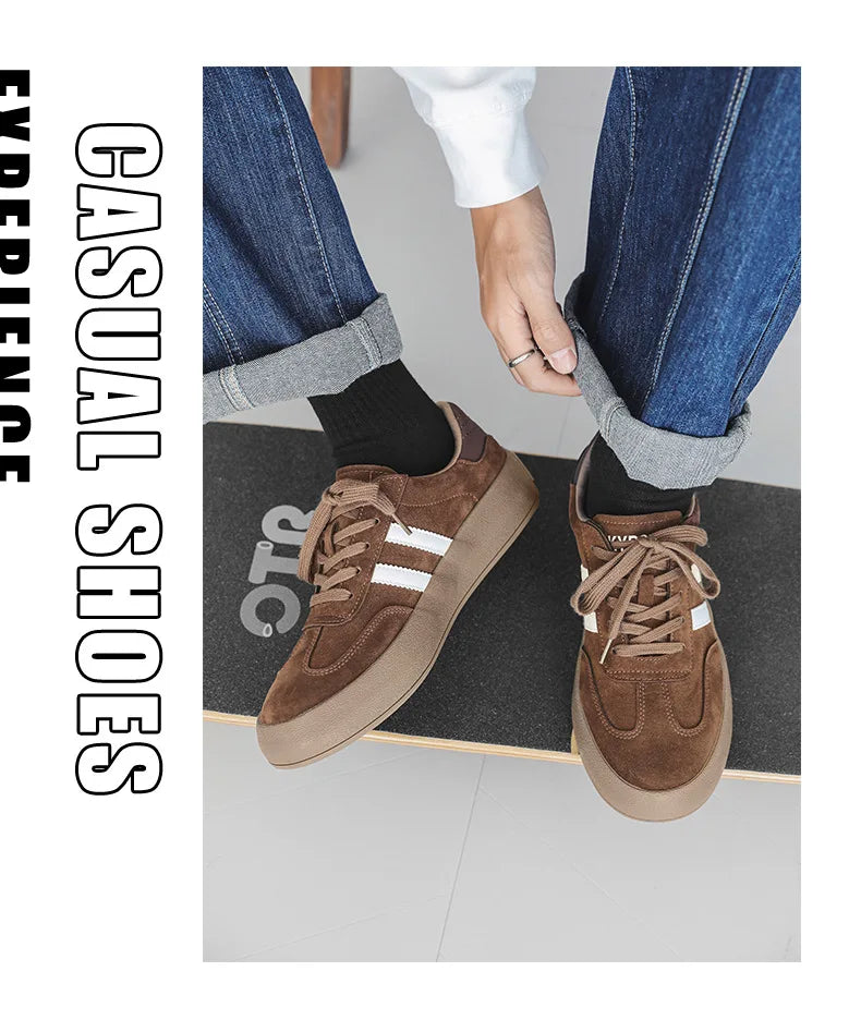 Vintage Brown Man Sneakers Suede Leather Men's Skateboard Shoes Comfort Lace-up Men Skate Sneakers Thick Sole Casual Board Shoes