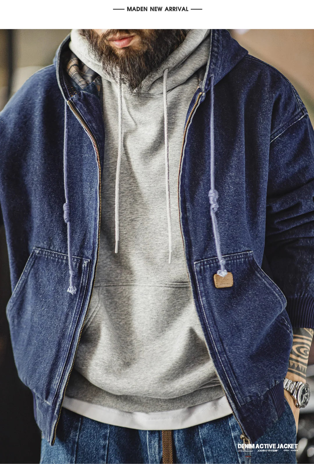 Maden Men's Retro J130 10.5oz Denim Jacket Heavyweight Washed Hooded Jacket Regular Fit Zip Workwear Coat with Pockets for Fall