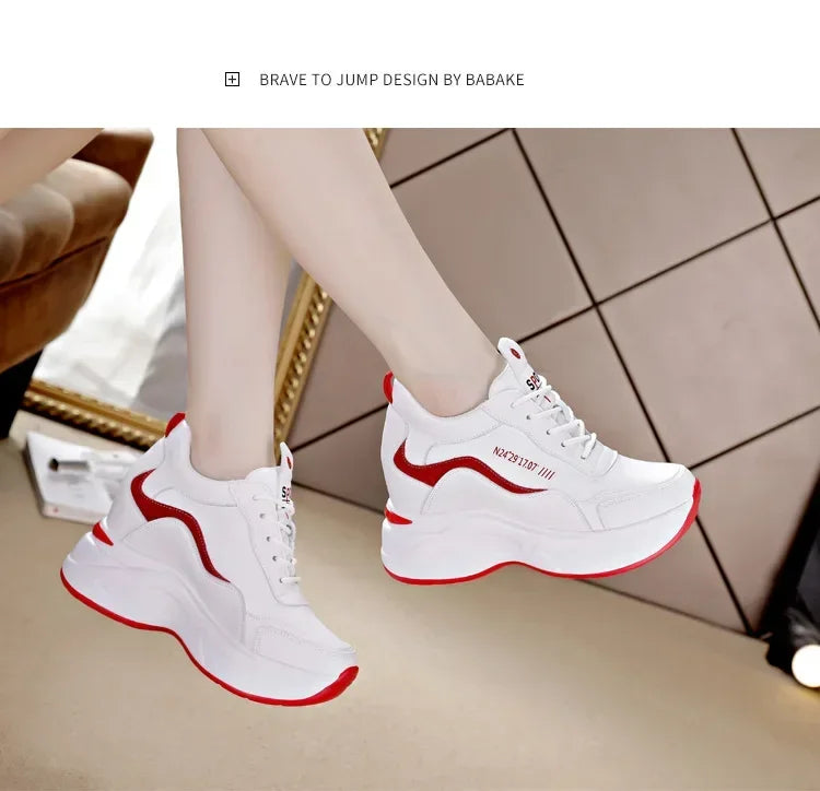 2025 New High Heels Wedge Outdoor Sport Spring White Shoes Breathable Casual Shoe Women Leather Platform Sneakers Red