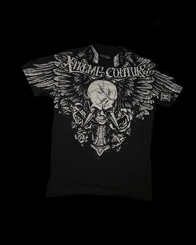 Affliction Men's Skull Graphic T-shirt Vintage American Style Distressed Print Rock Tee High Street Hip-Hop Cotton Couple Tops