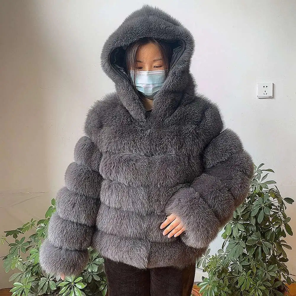 Fur Coat Women's Winter Coats Overcoat Female Fur Jackets For Women Long Sleeves Hood womans Real fur coats Real Fur Clothing
