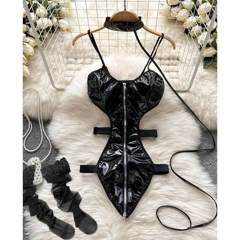 Cute Gray Rabbit Ear Hood Top Sexy Backless Slim Fit Bodysuit Zip Sleeveless Women Sexy Erotic Lingerie Bunny Cosplay Playsuit