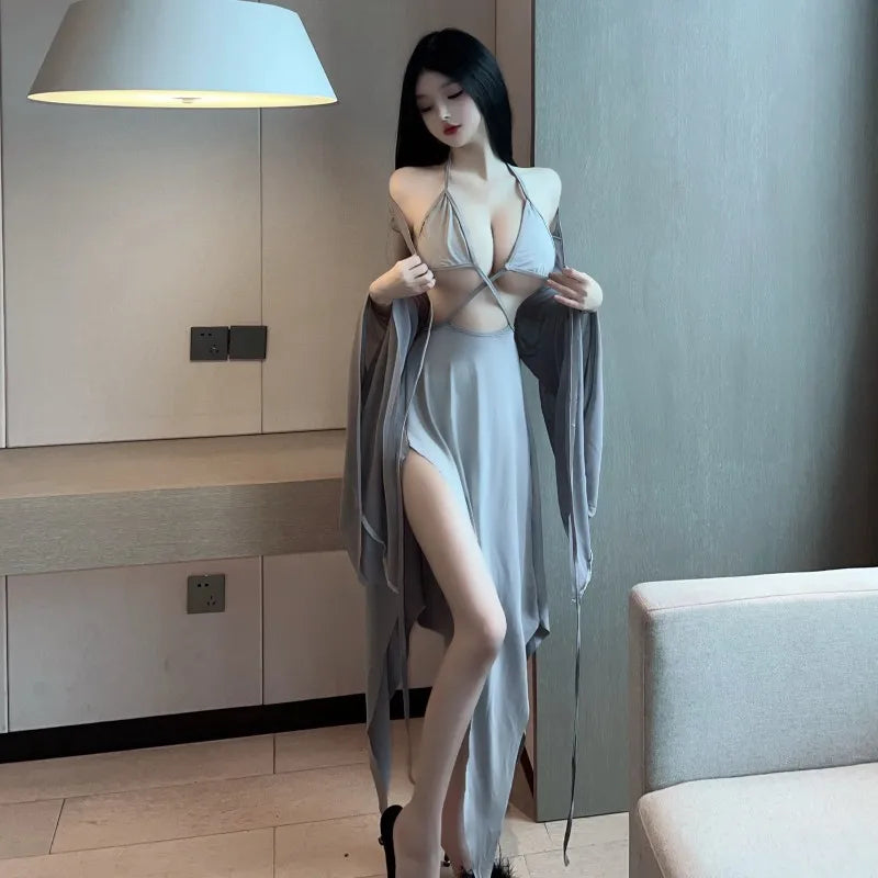 WOMENGAGA Gray Fairy Dress Robe Bandage V Neck Sexy Spicy Girl Beach Resort Long Dress Elegant Auutmn Fashion Women Tops Z8QN